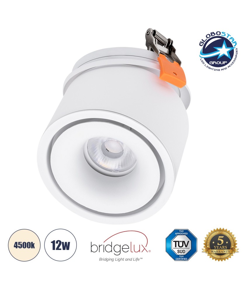 GLOBOSTAR® OMEGA-R 60294 Χωνευτό Κινούμενο Downlight Σποτ LED 12W 1560lm 36° AC 220-240V IP20 Φυσικό Λευκό 4500K - Bridgelux COB Chip & TÜV SÜD Driver - Λευκό Ματ - Μ10 x Π10 x Υ8.2cm - Q9cm - 5 Χρόνια Εγγύηση
